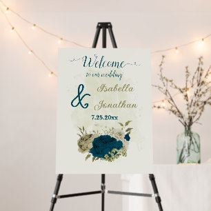 teal blue beige floral wedding welcome sign