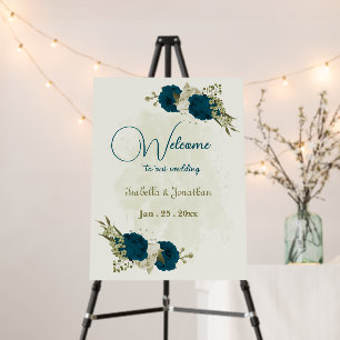 teal blue beige floral wedding welcome sign
