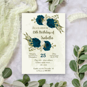 teal blue beige flowers botanical birthday invitation