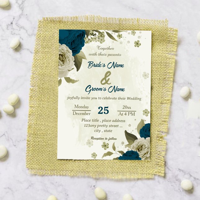 teal blue beige flowers botanical wedding invitation (Creator Uploaded)
