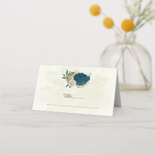 teal blue beige flowers botanical wedding place card