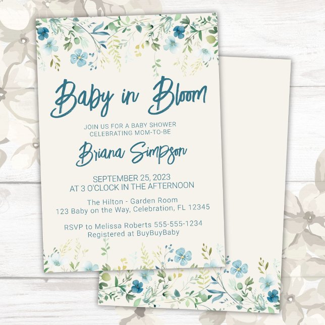 Teal Blue Beige Wildflowers Baby Shower Invitation (Creator Uploaded)