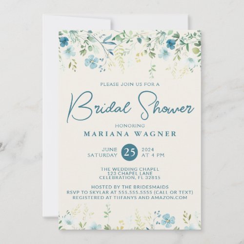 Teal Blue Beige Wildflowers Bridal Shower Invitation