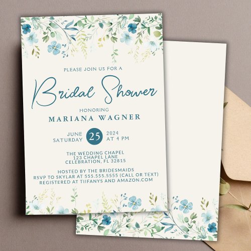 Teal Blue Beige Wildflowers Bridal Shower Invitation