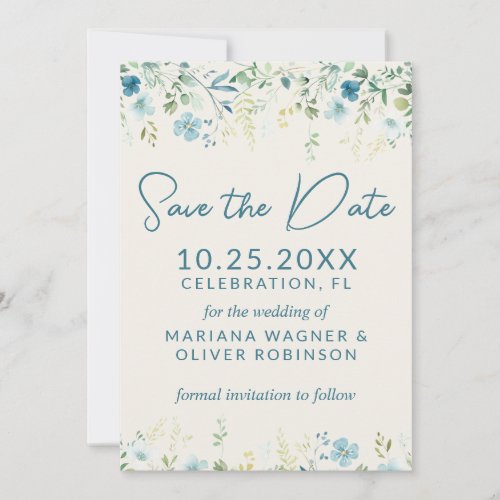 Teal Blue Beige Wildflowers Save the Date Card