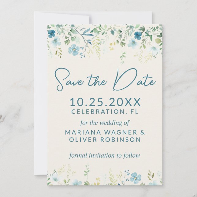 Teal Blue Beige Wildflowers Save the Date Card (Front)