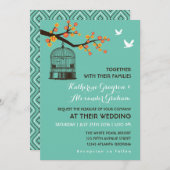 Teal Blue Bird Cage Floral Wedding Invitation (Front/Back)