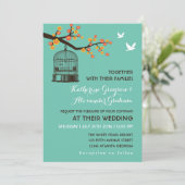 Teal Blue Bird Cage Floral Wedding Invitation (Standing Front)