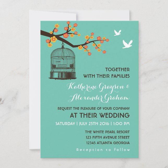 Teal Blue Bird Cage Floral Wedding Invitation (Front)