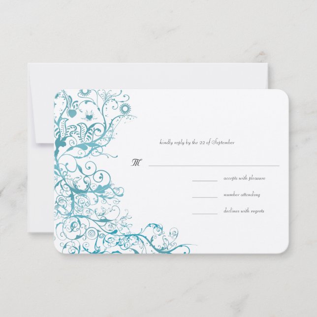 Teal Blue Birds Swirls Wedding RSVP Response Card (Front)