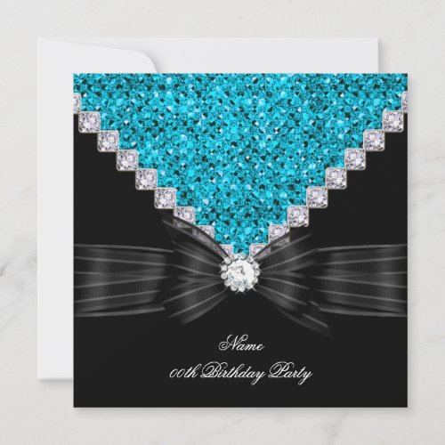 Teal Blue Birthday Party Black Glitter Diamond Invites