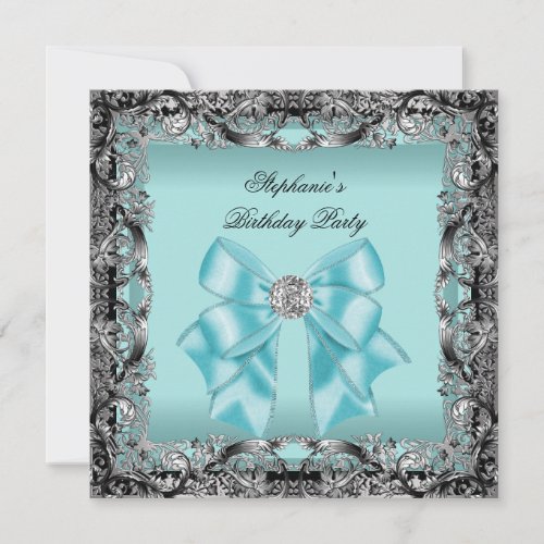 Teal Blue Birthday Party Silver Black Bow Invitation