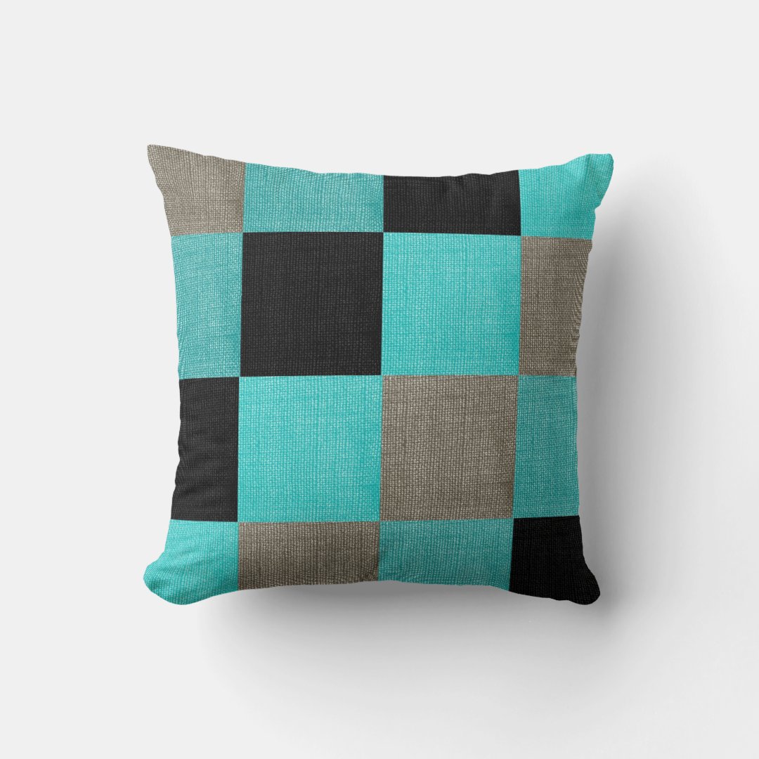 Teal Blue, Black and Gray Square Pattern Throw Pillow | Zazzle