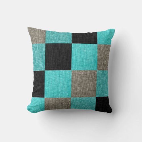 Teal Blue Black and Gray Square Pattern Throw Pillow