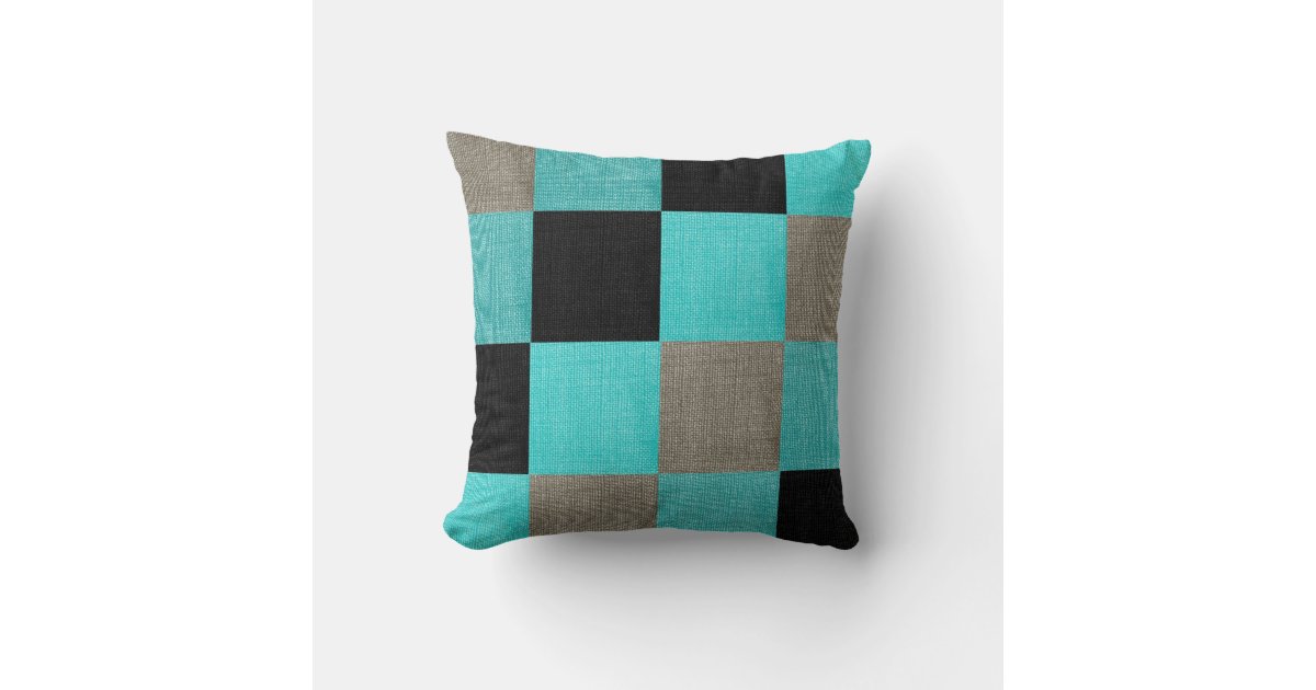 Teal Blue, Black and Gray Square Pattern Throw Pillow Zazzle