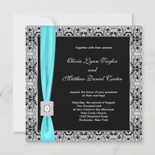Teal Blue Black and Silver Wedding Invitation (Front)