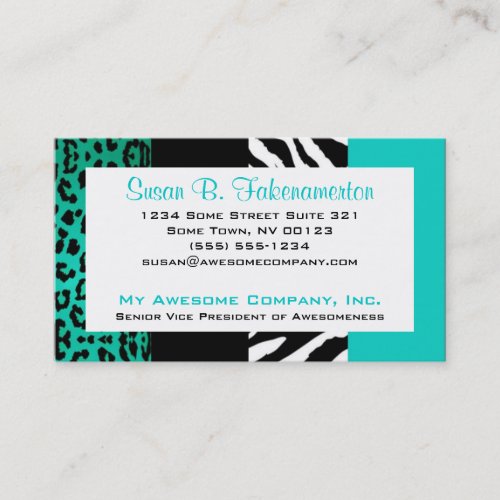 Teal Blue &amp; Black Animal Print Zebra and Leopard Business Card
