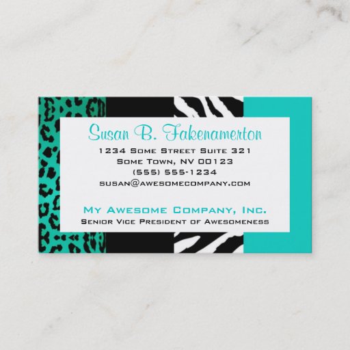 Customizable Teal Blue &amp; Black Animal Print Zebra and Leopard Business Card