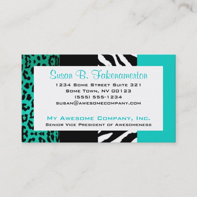 Teal Blue & Black Animal Print Zebra and Leopard Business Card (Front)