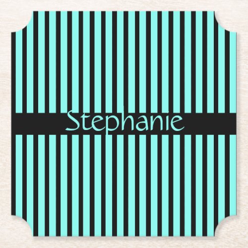 Teal Blue Black Baby Shower Custom Name Stripes Paper Coaster