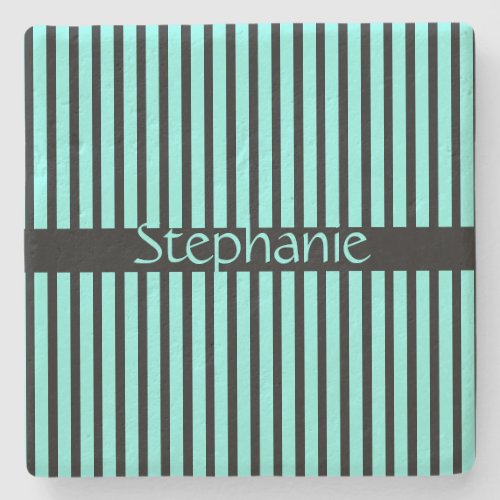 Teal Blue Black Baby Shower Custom Name Stripes  Stone Coaster