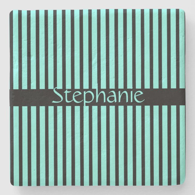 Teal Blue Black Baby Shower Custom Name Stripes  Stone Coaster (Front)