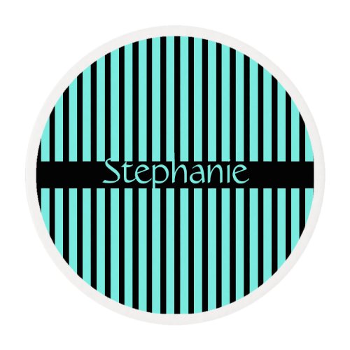 Teal Blue Black Baby Shower Stripe Custom Name Edible Frosting Rounds