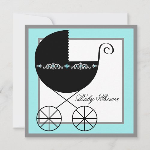 Teal Blue Black Carriage Baby Shower Invitations