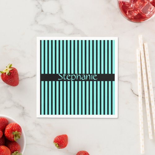 Teal Blue Black Custom Name Stripes Baby Shower Napkins