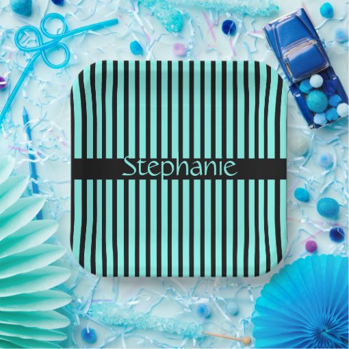 Teal Blue Black Custom Name Stripes Baby Shower Paper Plates | Zazzle