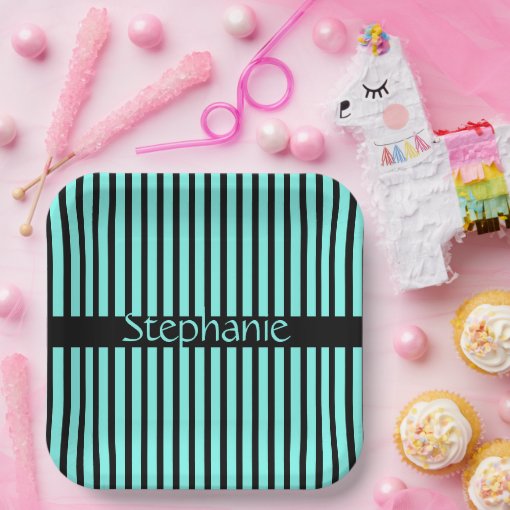 Teal Blue Black Custom Name Stripes Baby Shower Paper Plates | Zazzle