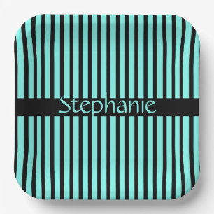Teal Blue Black Custom Name Stripes Baby Shower Paper Plates