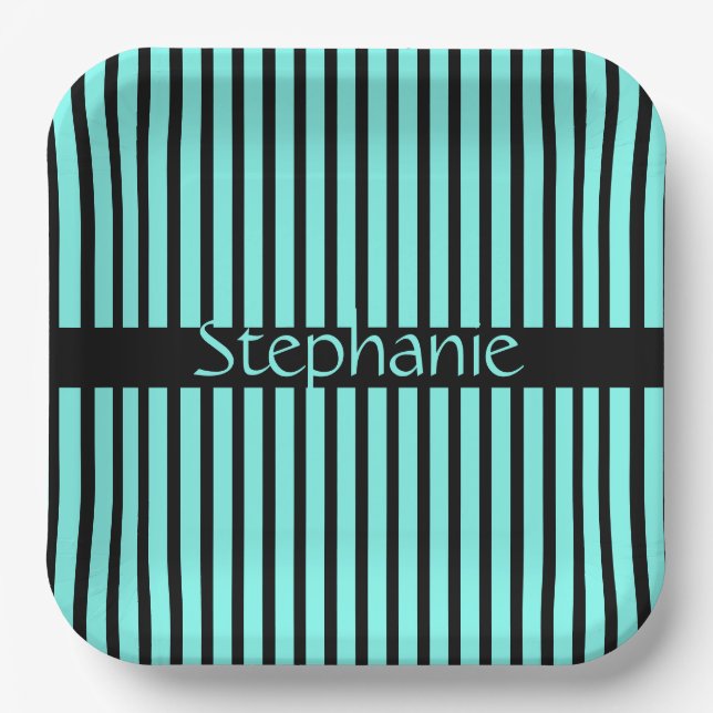 Teal Blue Black Custom Name Stripes Baby Shower Paper Plates (Front)