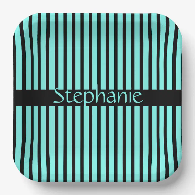 Teal Blue Black Custom Name Stripes Baby Shower Paper Plates | Zazzle