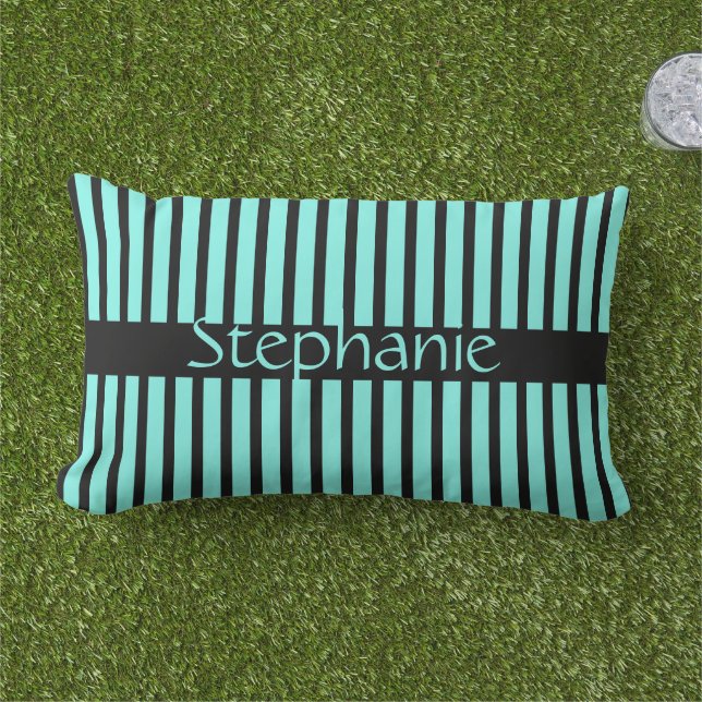 Teal Blue Black Custom Name Stripes Gift Favor Lumbar Pillow (Grass)