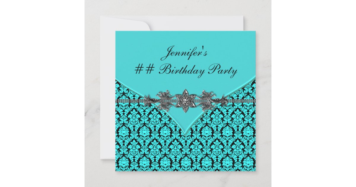 Teal Blue Black Damask Birthday Party Invitation Zazzle