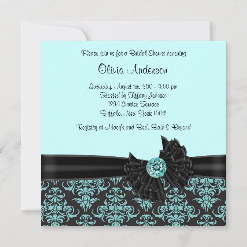 Teal Blue Black Damask Bridal Shower Personalized Announcement
