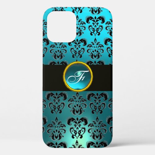 TEAL BLUE BLACK DAMASK GEM STONE MONOGRAM   iPhone 12 CASE