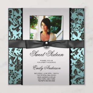 Teal Blue Black Damask Photo Sweet 16 Party Invitation