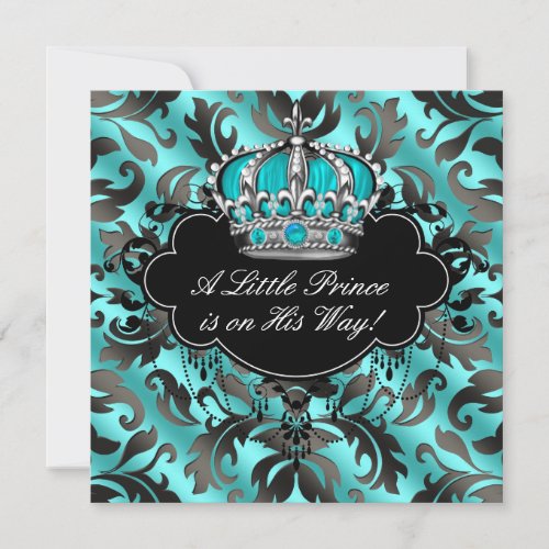 Teal Blue Black Damask Prince Baby Boy Shower Invitation