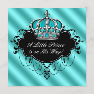 Teal Blue Black Damask Prince Baby Boy Shower Invitation