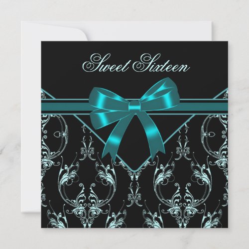 Teal Blue Black Damask Sweet 16 Party Personalized Announcement