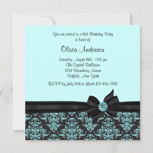 Teal Blue Black Damask Sweet 16 Party Invitation Zazzle