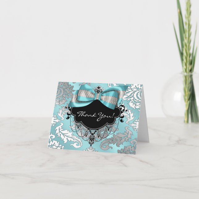 Teal Blue Black Damask Thank You Card (Front)