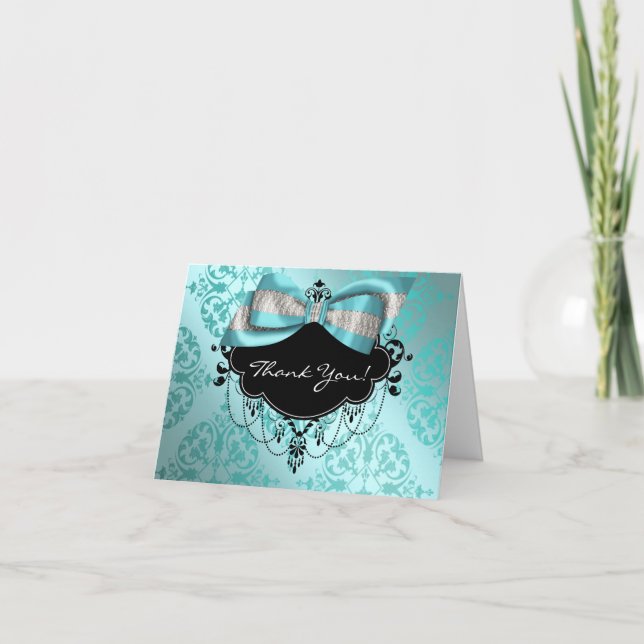 Teal Blue Black Damask Thank You Card (Front)