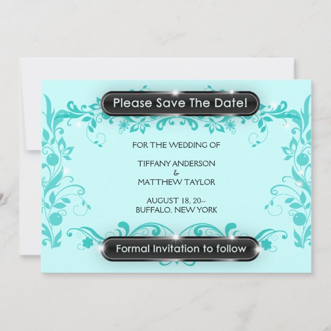 Teal Blue Black Flourish Save the Date (Front)