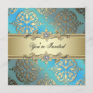 Teal Blue Black Gold Damask Party Invitation