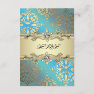 Teal Blue Black Gold Damask RSVP