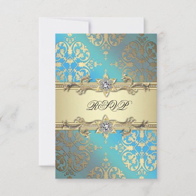 Teal Blue Black Gold Damask RSVP (Front)