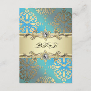 Teal Blue Black Gold Damask RSVP Card